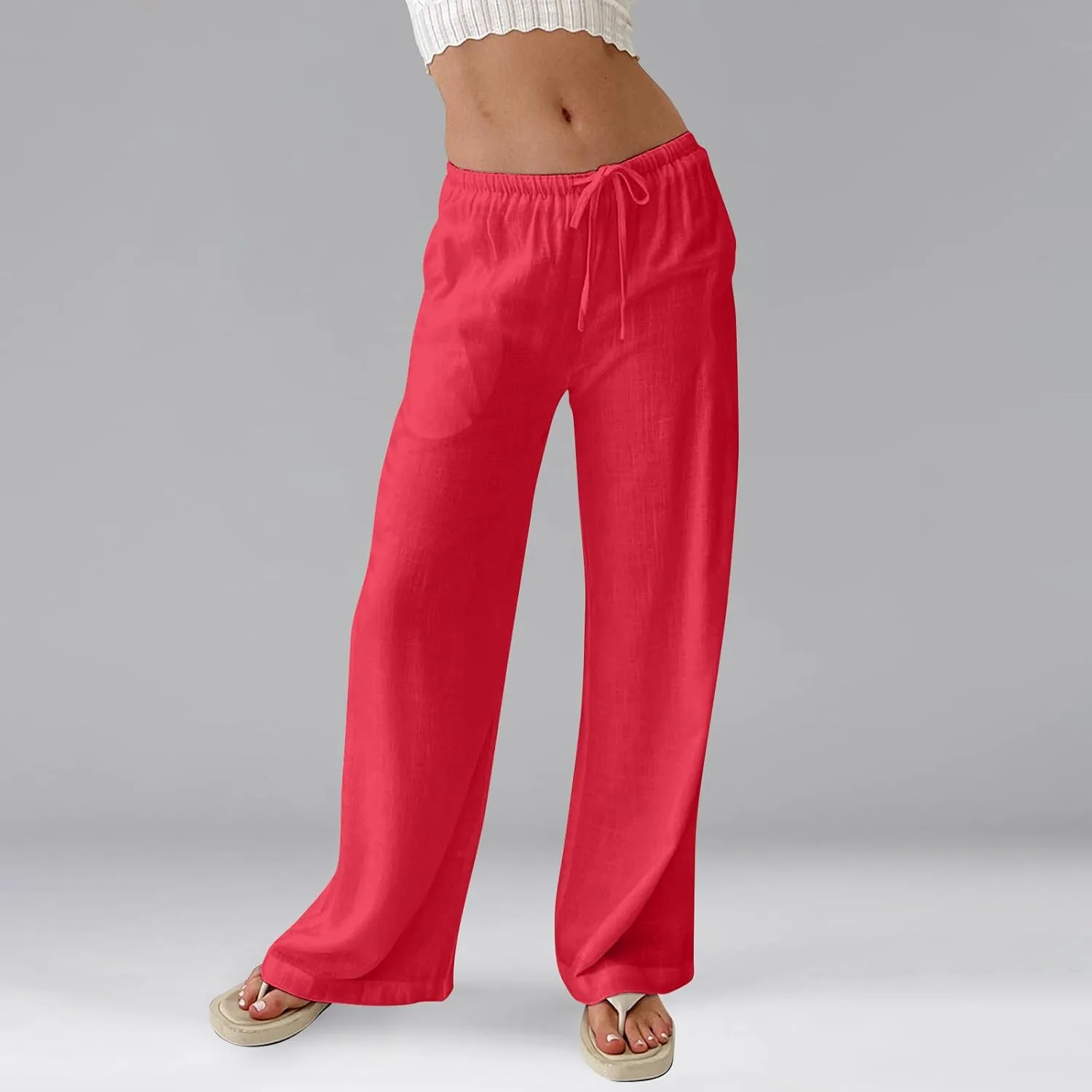 Women's Linen Pants Summer Drawstring High Waisted Palazzo Pants Casual Wide Leg Pant Lounge Trouser with Pockets