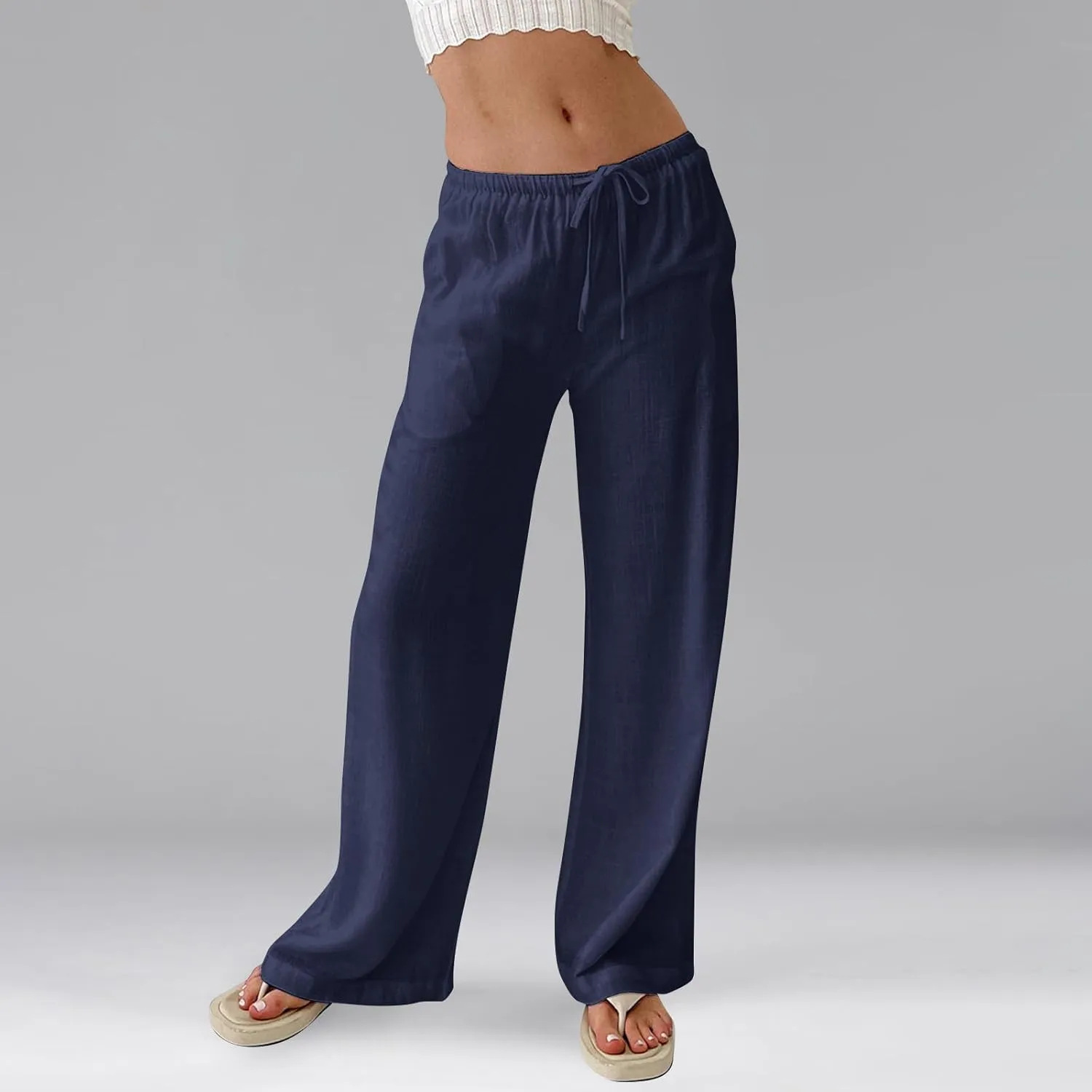Women's Linen Pants Summer Drawstring High Waisted Palazzo Pants Casual Wide Leg Pant Lounge Trouser with Pockets