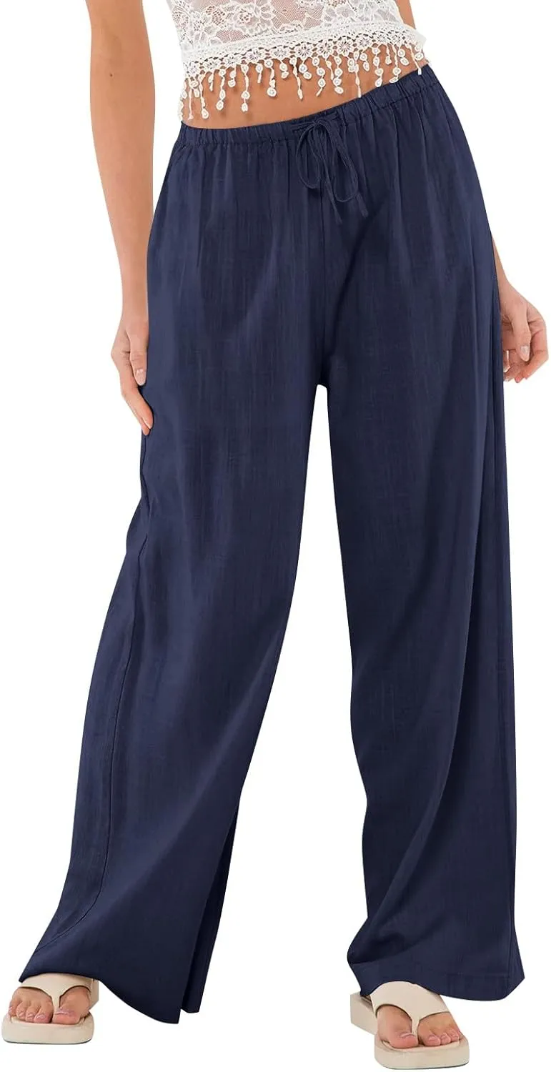 Women's Linen Pants Summer Drawstring High Waisted Palazzo Pants Casual Wide Leg Pant Lounge Trouser with Pockets