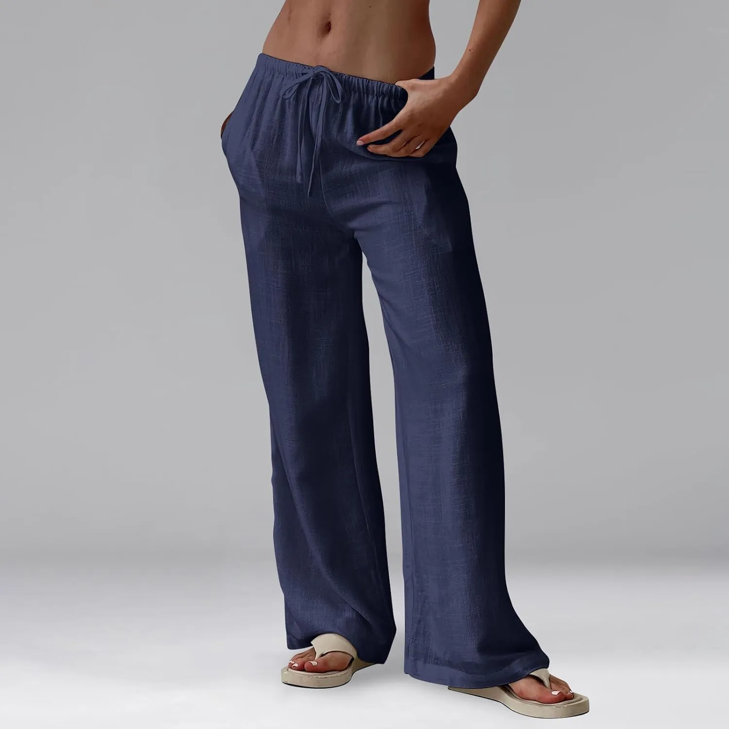 Women's Linen Pants Summer Drawstring High Waisted Palazzo Pants Casual Wide Leg Pant Lounge Trouser with Pockets