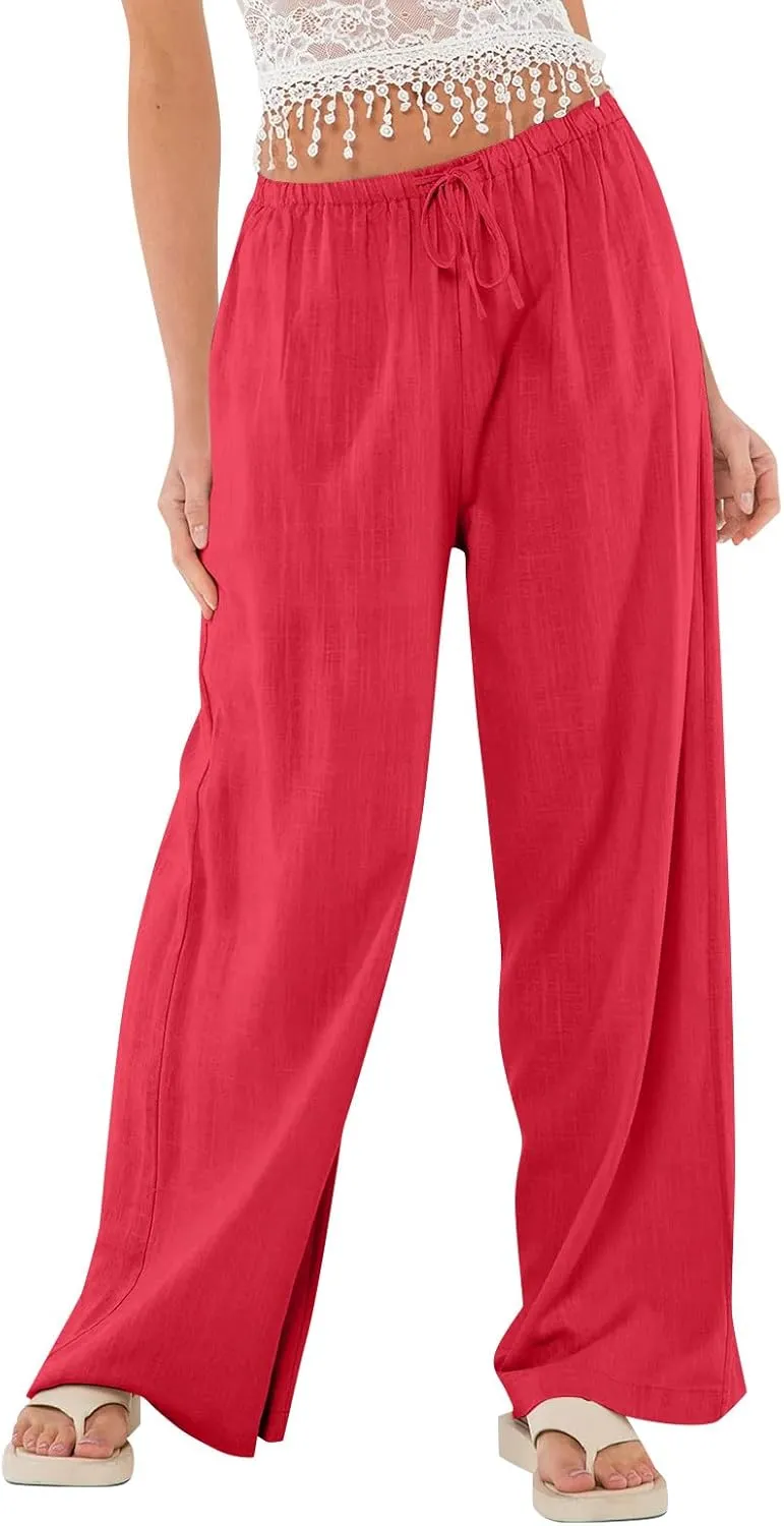 Women's Linen Pants Summer Drawstring High Waisted Palazzo Pants Casual Wide Leg Pant Lounge Trouser with Pockets