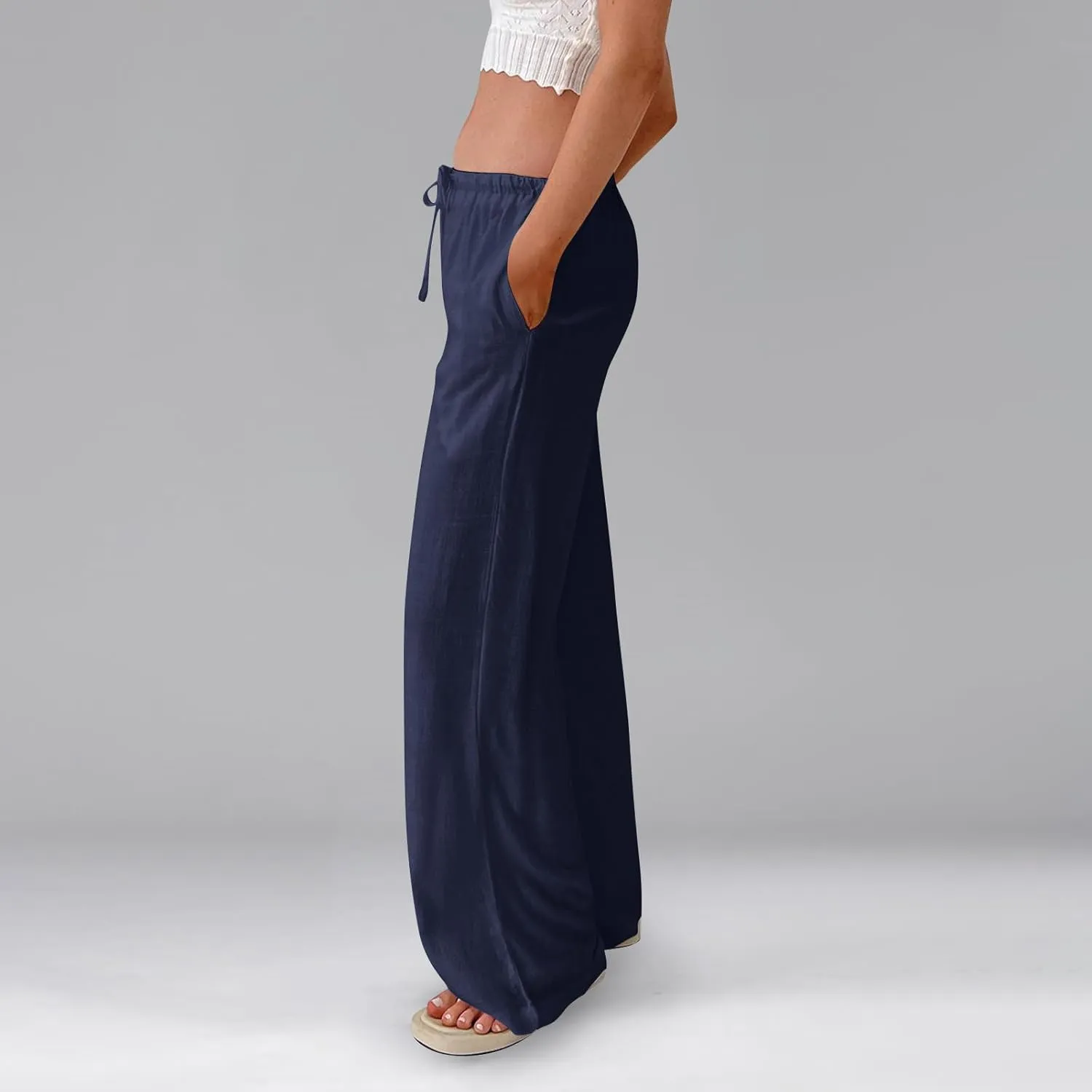 Women's Linen Pants Summer Drawstring High Waisted Palazzo Pants Casual Wide Leg Pant Lounge Trouser with Pockets