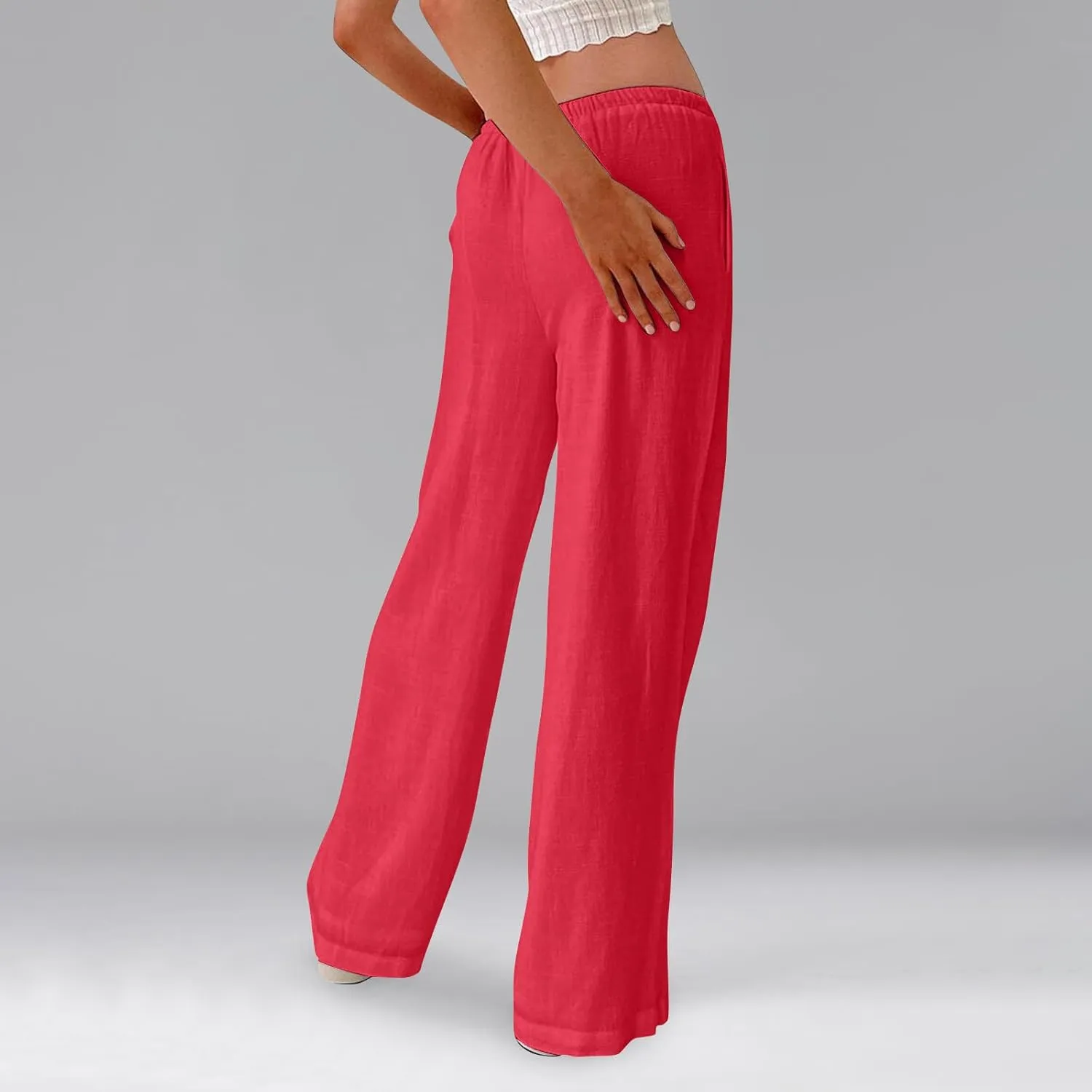 Women's Linen Pants Summer Drawstring High Waisted Palazzo Pants Casual Wide Leg Pant Lounge Trouser with Pockets