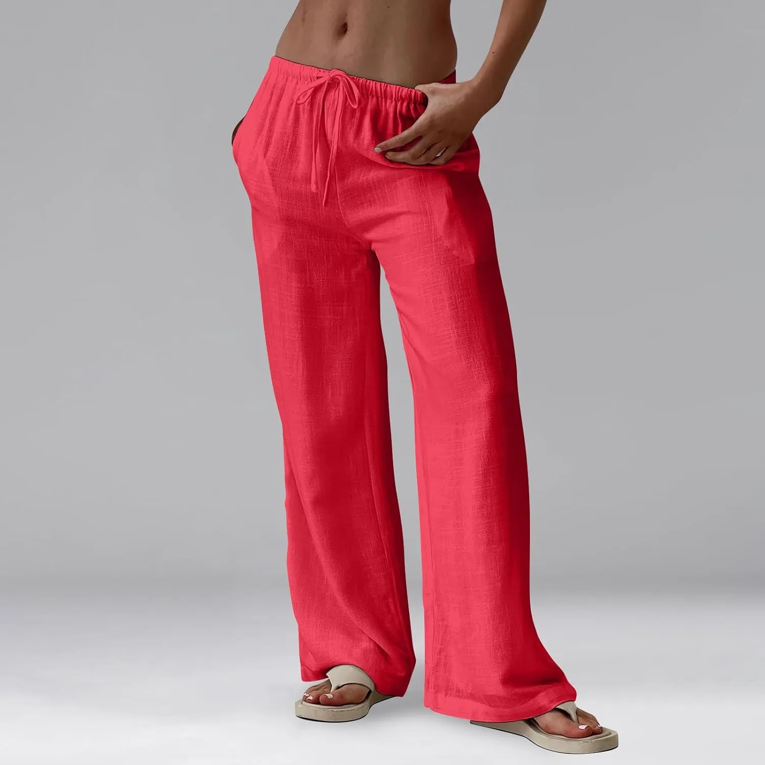 Women's Linen Pants Summer Drawstring High Waisted Palazzo Pants Casual Wide Leg Pant Lounge Trouser with Pockets