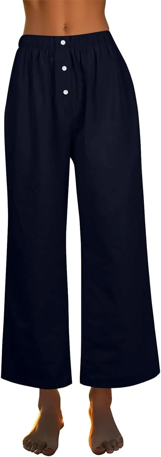 Women's Linen Pants Summer Wide Pants High Waist Trouser Loose Palazzo Pant Dressy with Pockets (S-2Xl)