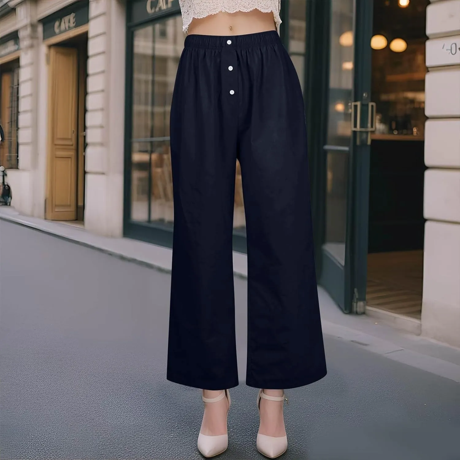 Women's Linen Pants Summer Wide Pants High Waist Trouser Loose Palazzo Pant Dressy with Pockets (S-2Xl)