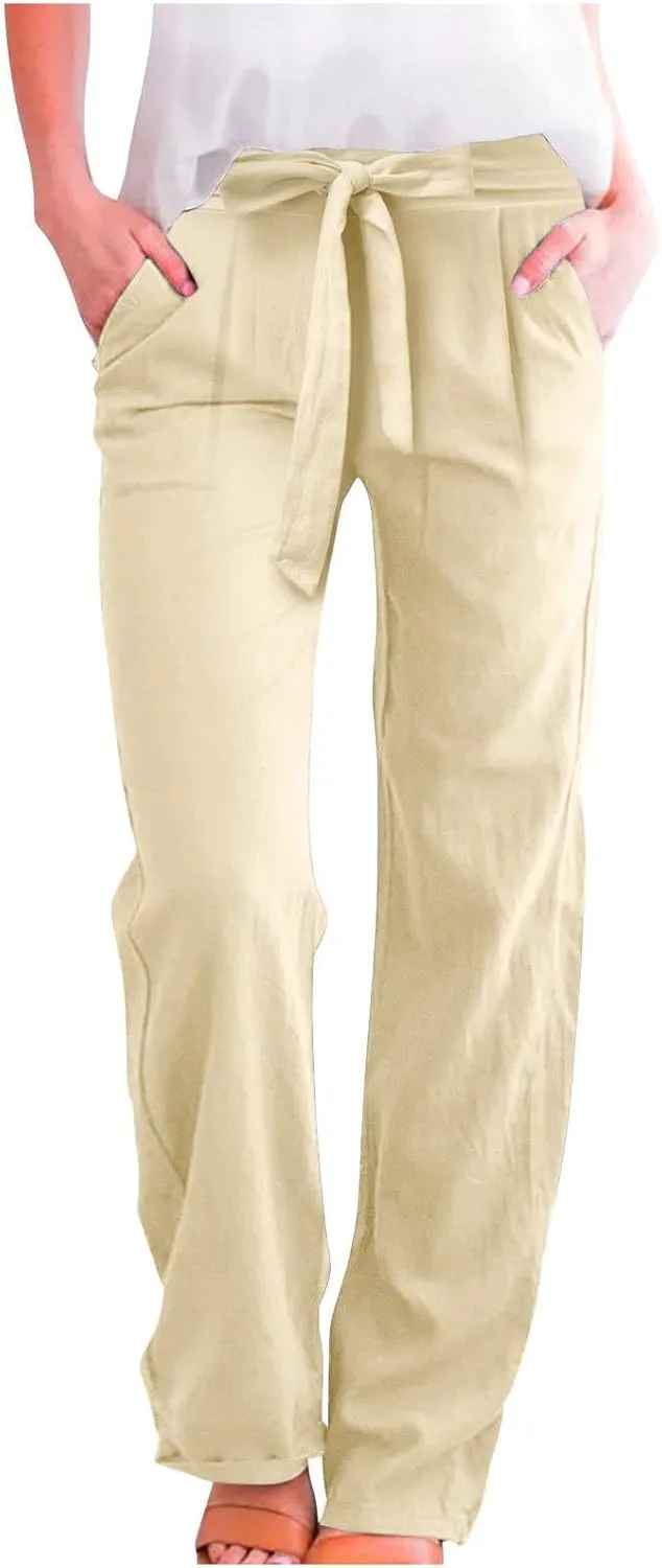 Womens Linen Summer Drawstring Pant Trousers Elastic Waisted Wide Leg Loose Fit Pants Beach
