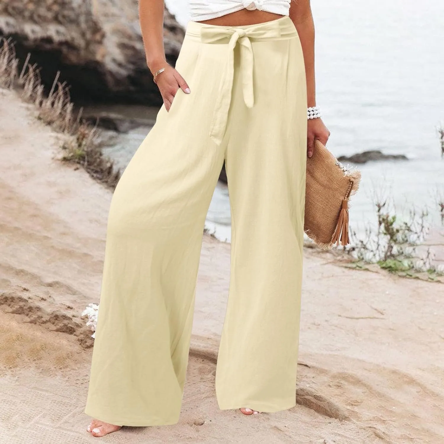 Womens Linen Summer Drawstring Pant Trousers Elastic Waisted Wide Leg Loose Fit Pants Beach