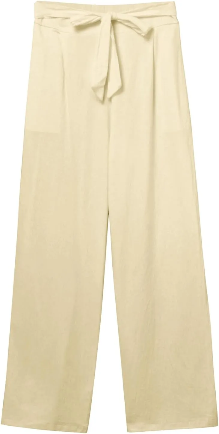Womens Linen Summer Drawstring Pant Trousers Elastic Waisted Wide Leg Loose Fit Pants Beach