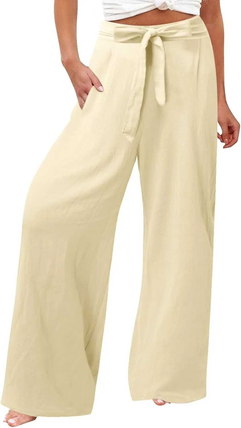 Womens Linen Summer Drawstring Pant Trousers Elastic Waisted Wide Leg Loose Fit Pants Beach