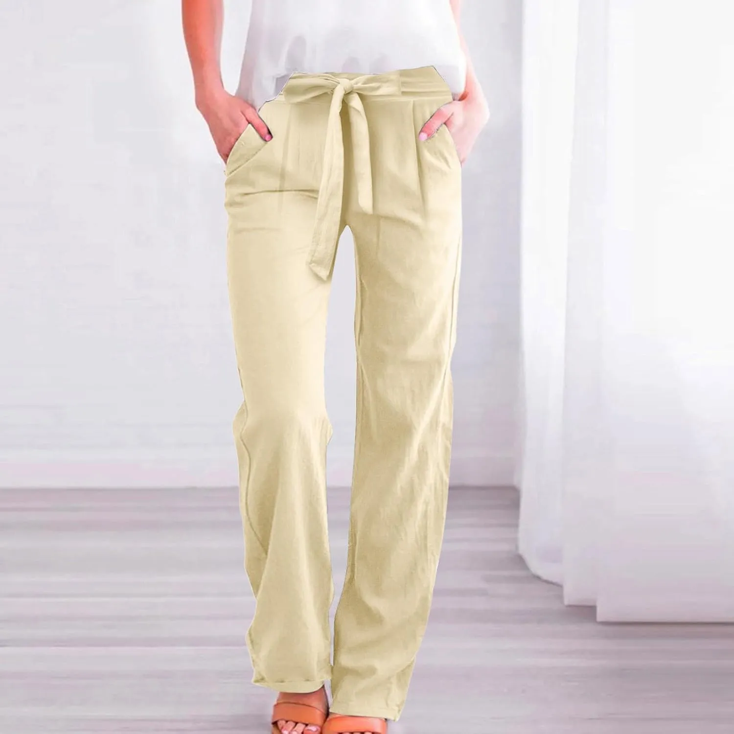 Womens Linen Summer Drawstring Pant Trousers Elastic Waisted Wide Leg Loose Fit Pants Beach