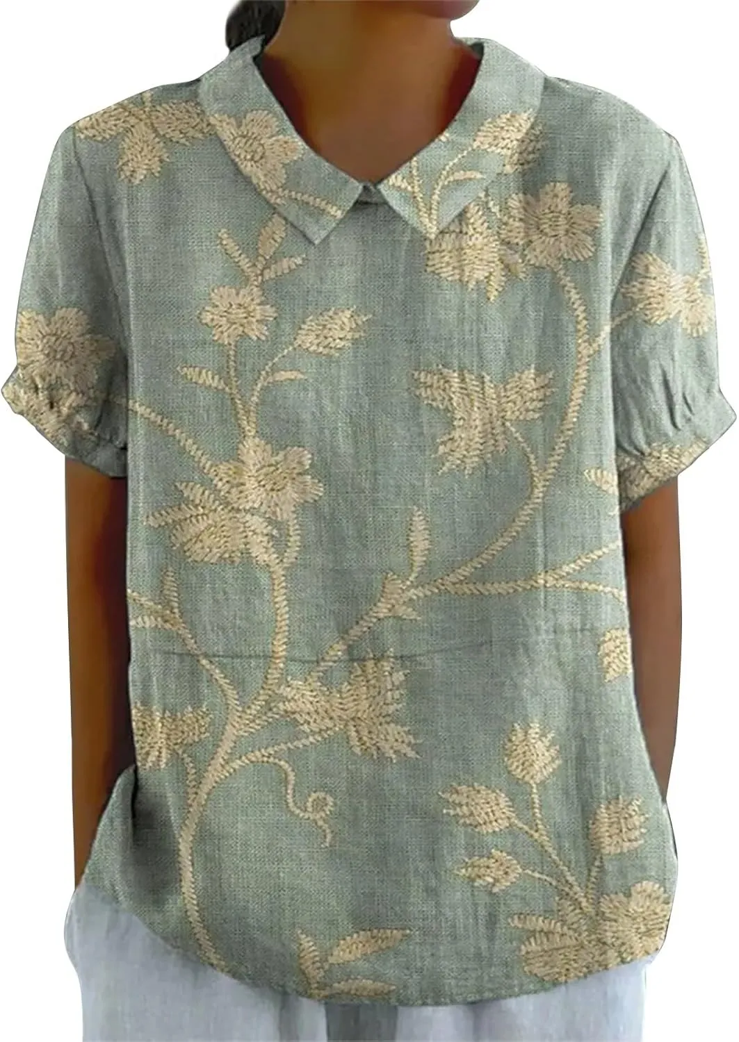 Womens Linen Tops Loose Plus Size Short Sleeve Lapel T Shirt Linen Loose Large Size Thin Lapel Shirt Oversized Linen Shirts