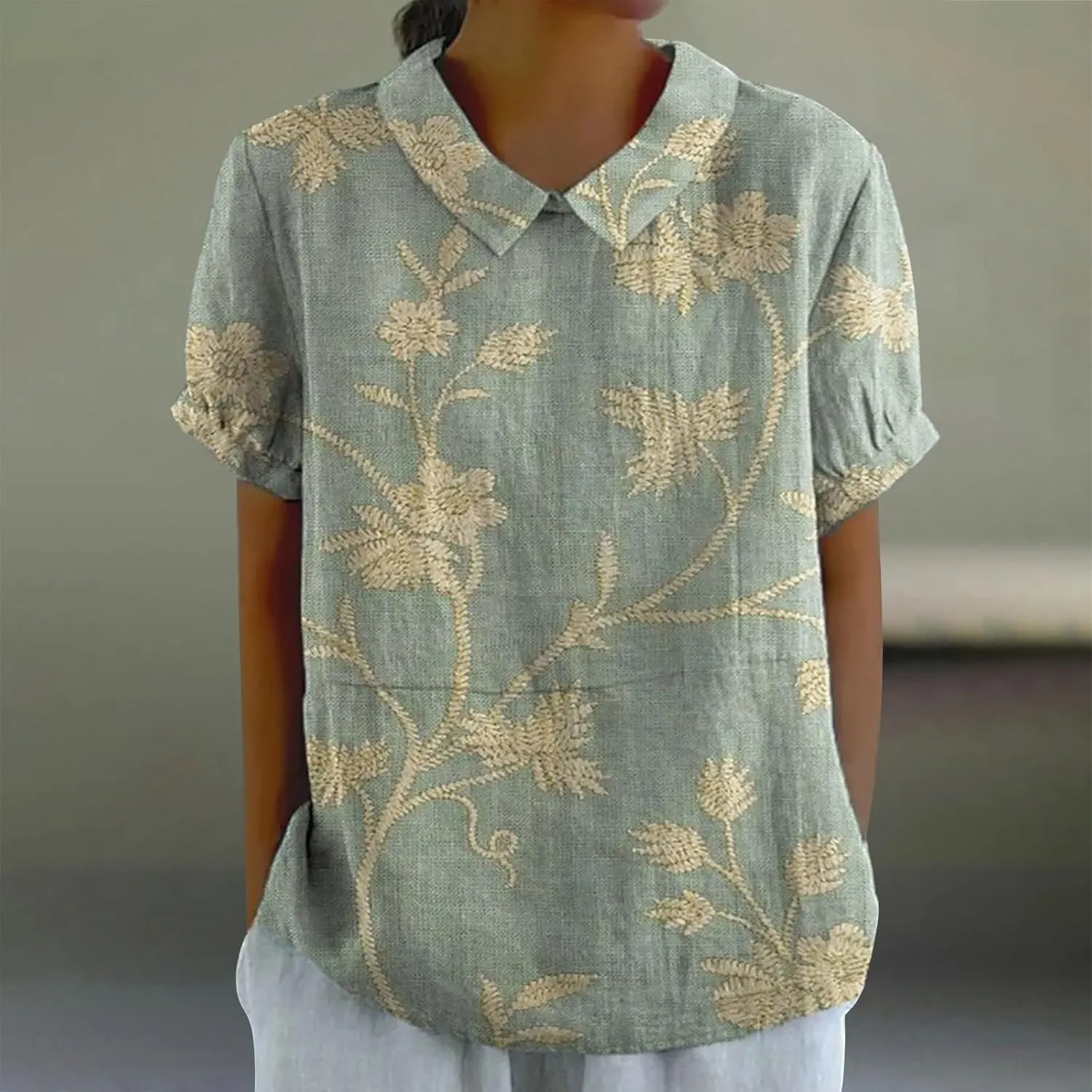 Womens Linen Tops Loose Plus Size Short Sleeve Lapel T Shirt Linen Loose Large Size Thin Lapel Shirt Oversized Linen Shirts