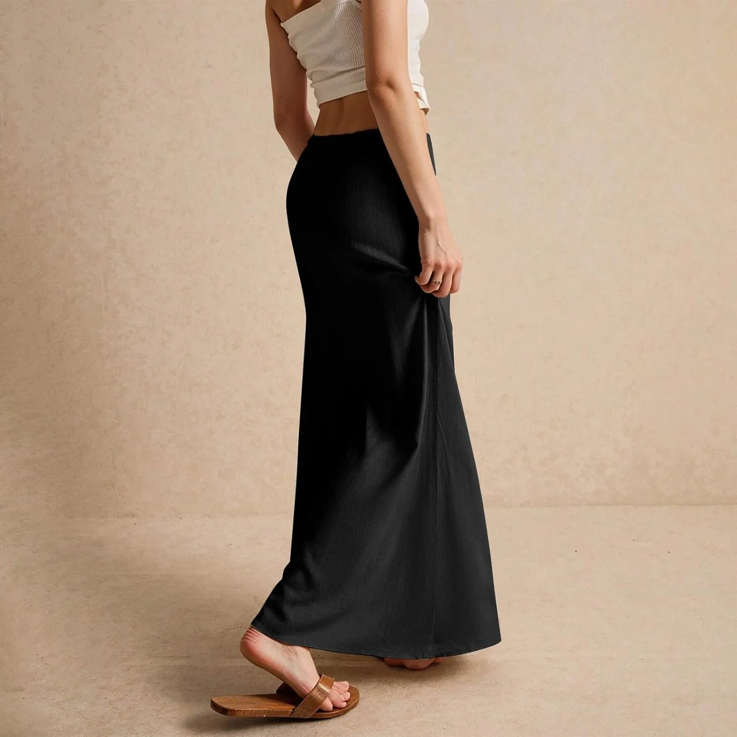 Women's Long Skirts 2025 Boho Summer Elastic Waist Solid Tie Athletic Maxi Skirt with Pockets Trendy, S-2XL