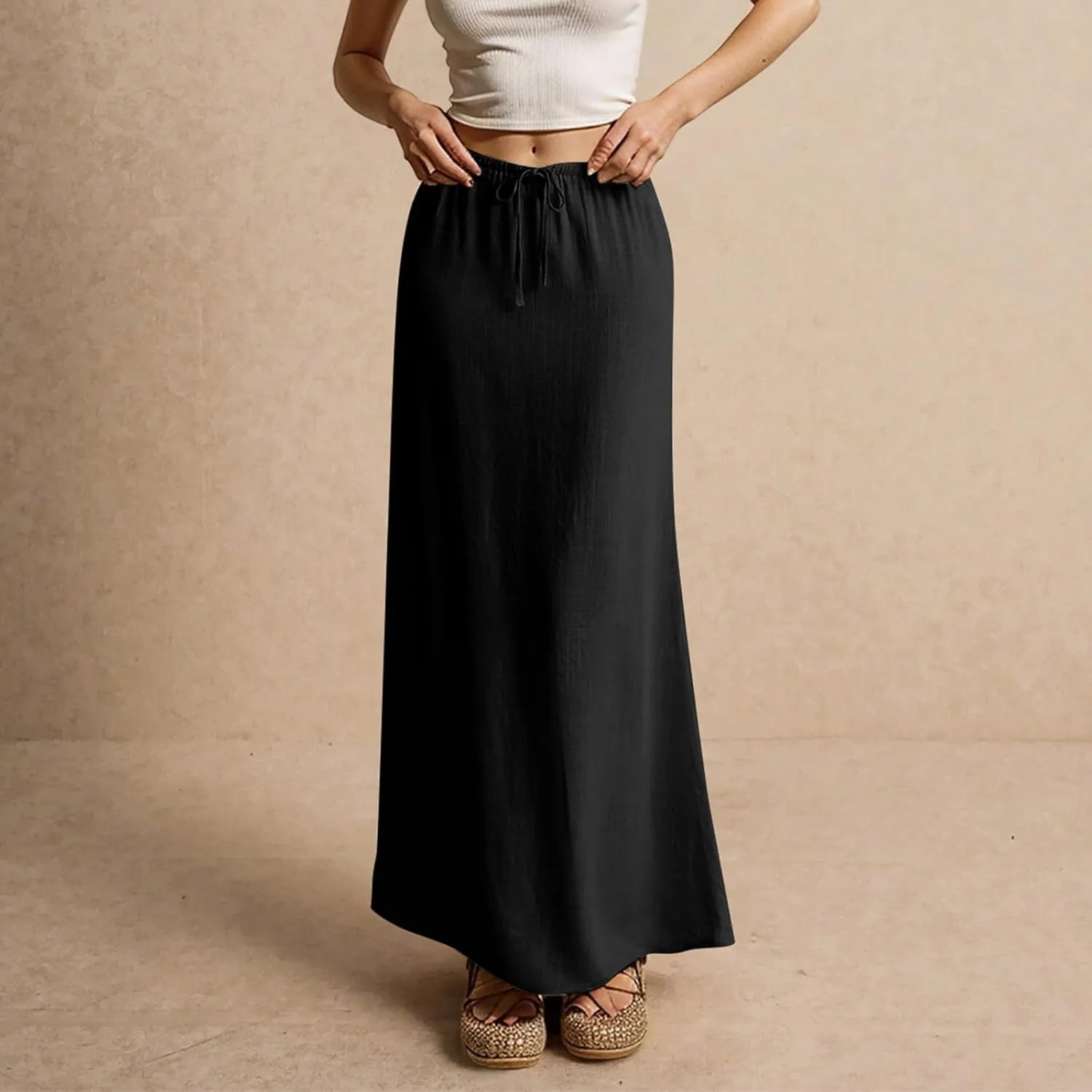 Women's Long Skirts 2025 Boho Summer Elastic Waist Solid Tie Athletic Maxi Skirt with Pockets Trendy, S-2XL