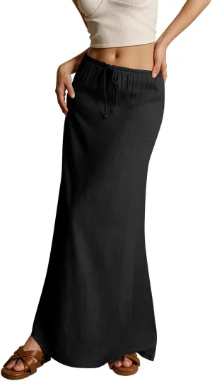 Women's Long Skirts 2025 Boho Summer Elastic Waist Solid Tie Athletic Maxi Skirt with Pockets Trendy, S-2XL