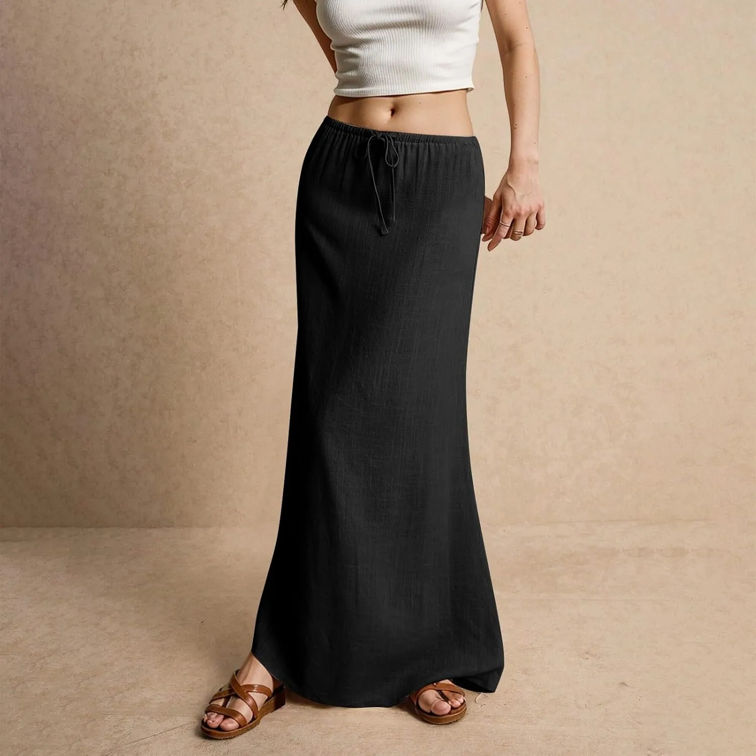Women's Long Skirts 2025 Boho Summer Elastic Waist Solid Tie Athletic Maxi Skirt with Pockets Trendy, S-2XL