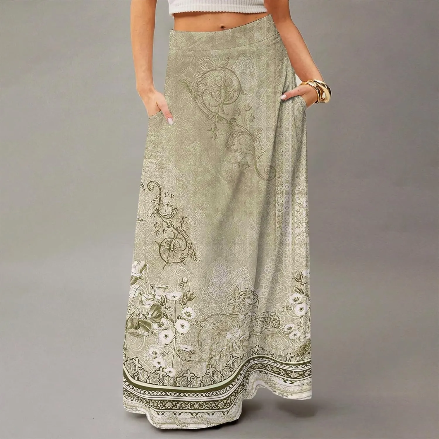 Women's Long Skirts Fall High Waisted Stretchy Vintage Floral Beach Swing Maxi Skirt 2025, S-2XL