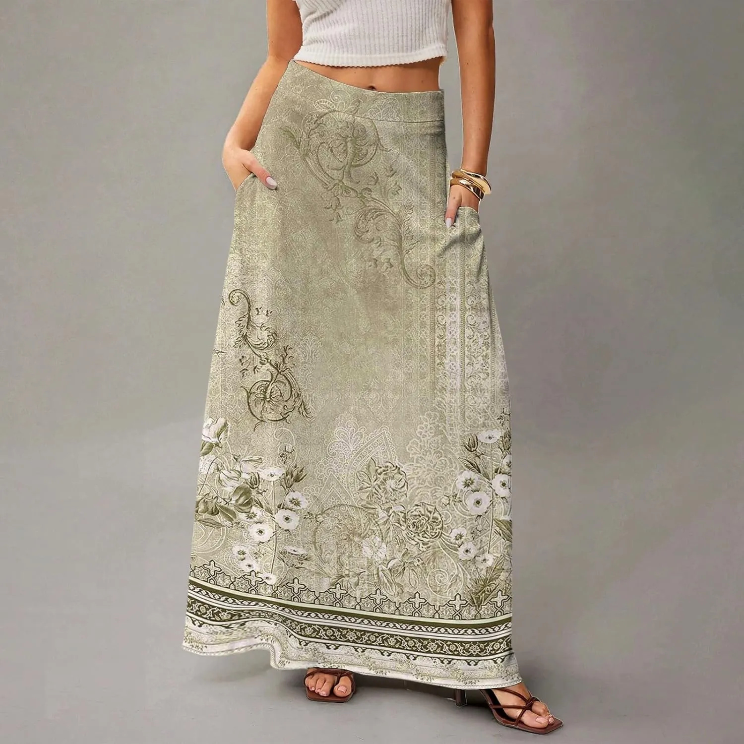 Women's Long Skirts Fall High Waisted Stretchy Vintage Floral Beach Swing Maxi Skirt 2025, S-2XL