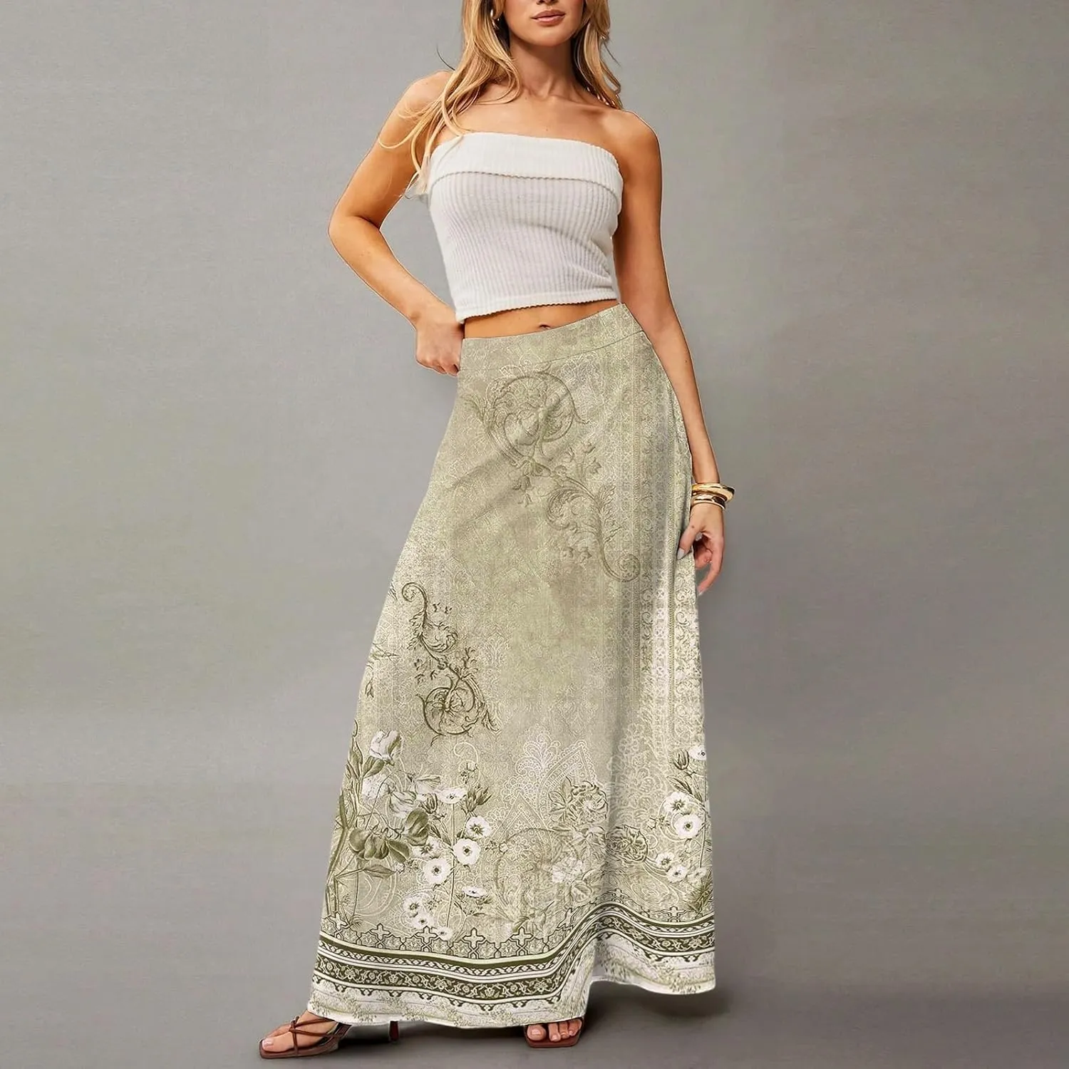 Women's Long Skirts Fall High Waisted Stretchy Vintage Floral Beach Swing Maxi Skirt 2025, S-2XL