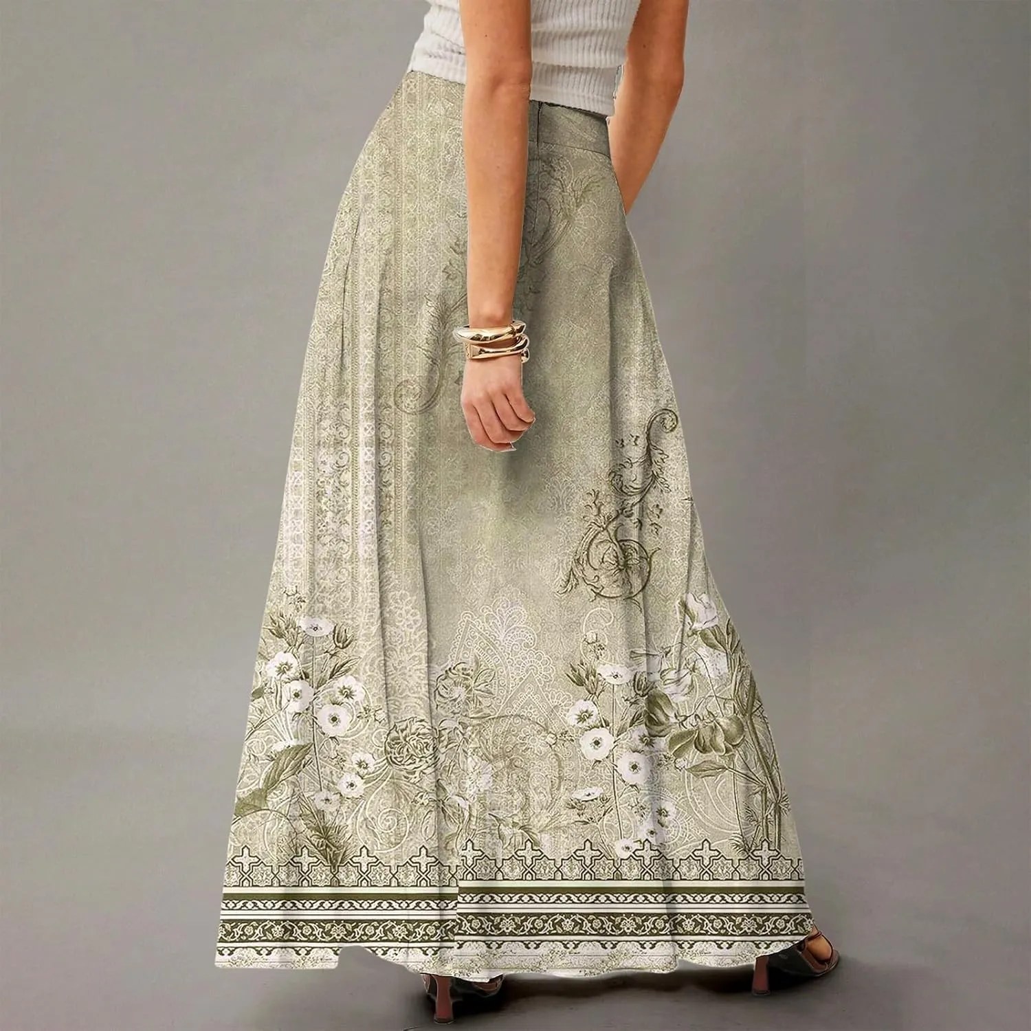 Women's Long Skirts Fall High Waisted Stretchy Vintage Floral Beach Swing Maxi Skirt 2025, S-2XL