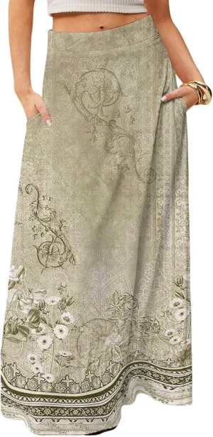 Women's Long Skirts Fall High Waisted Stretchy Vintage Floral Beach Swing Maxi Skirt 2025, S-2XL