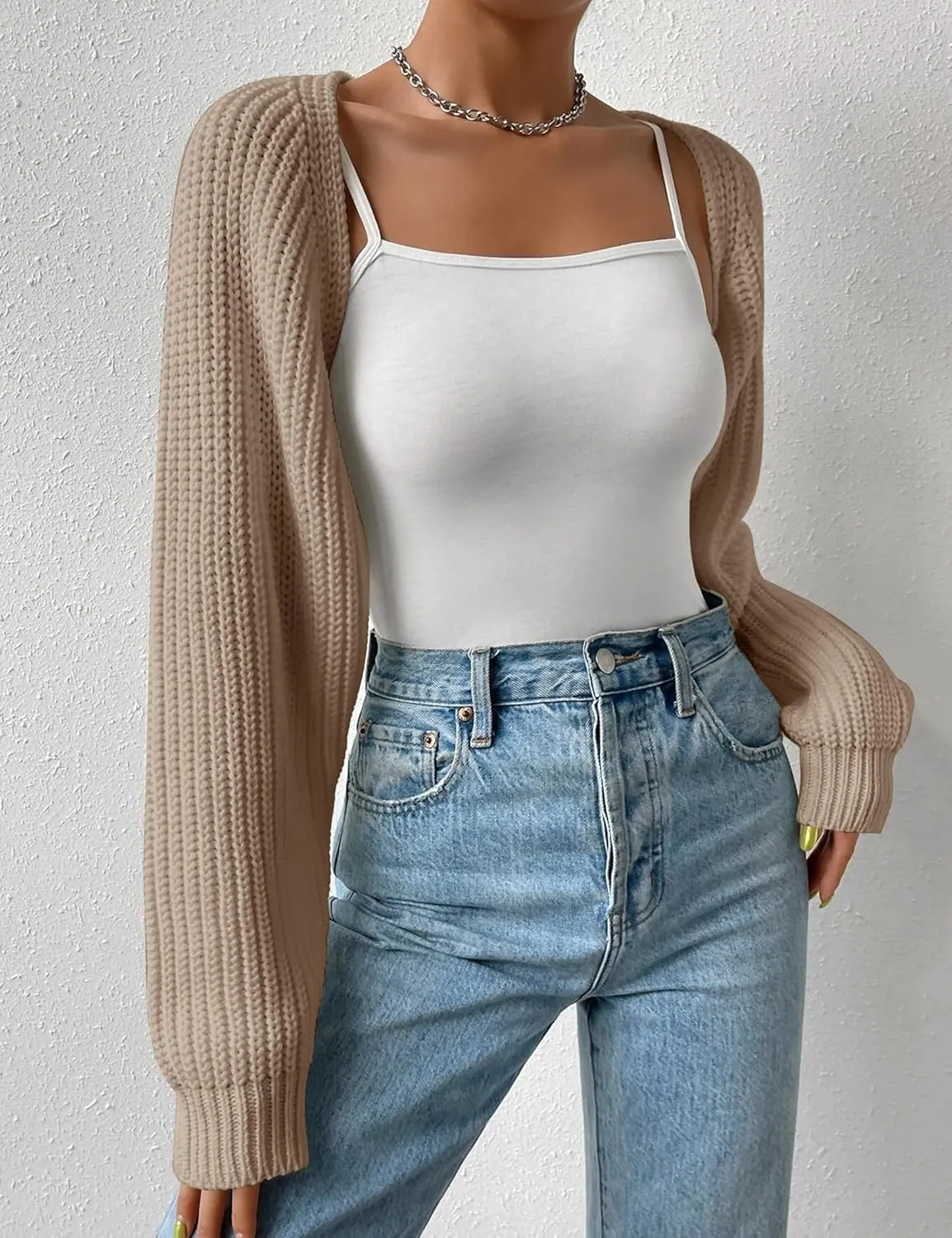 Women's Long Sleeve Open Front Knitted Crop Cardigan Drop Shoulder Knit Bolero Shrug Sweater