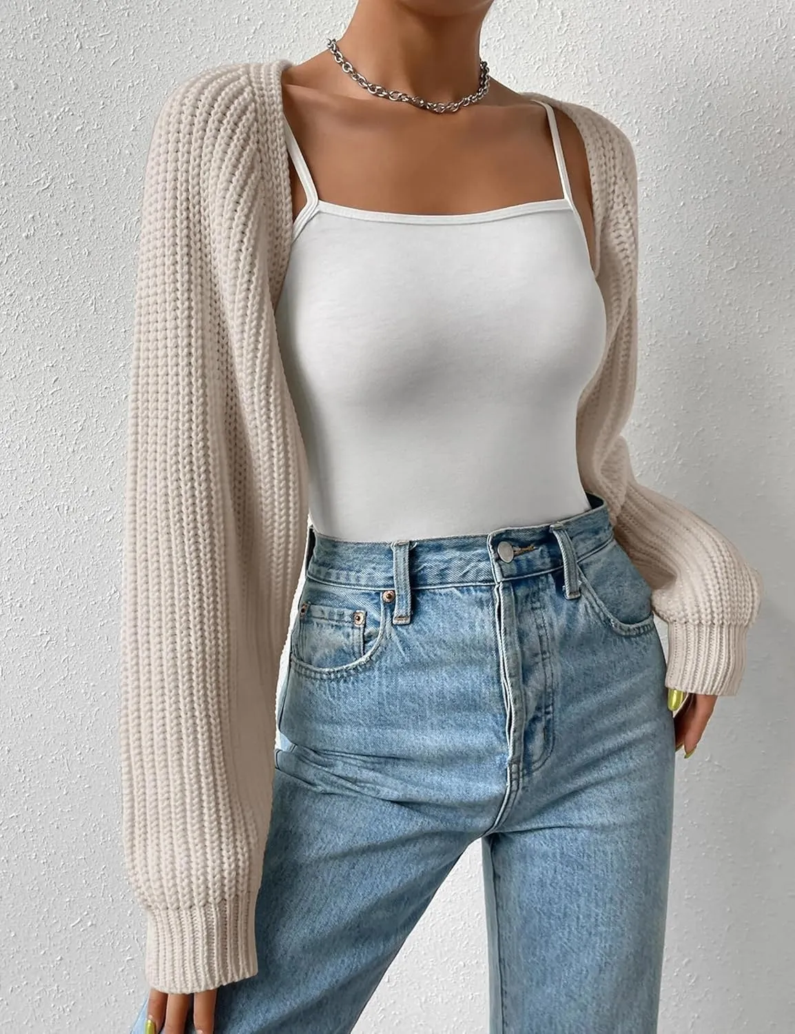 Women's Long Sleeve Open Front Knitted Crop Cardigan Drop Shoulder Knit Bolero Shrug Sweater