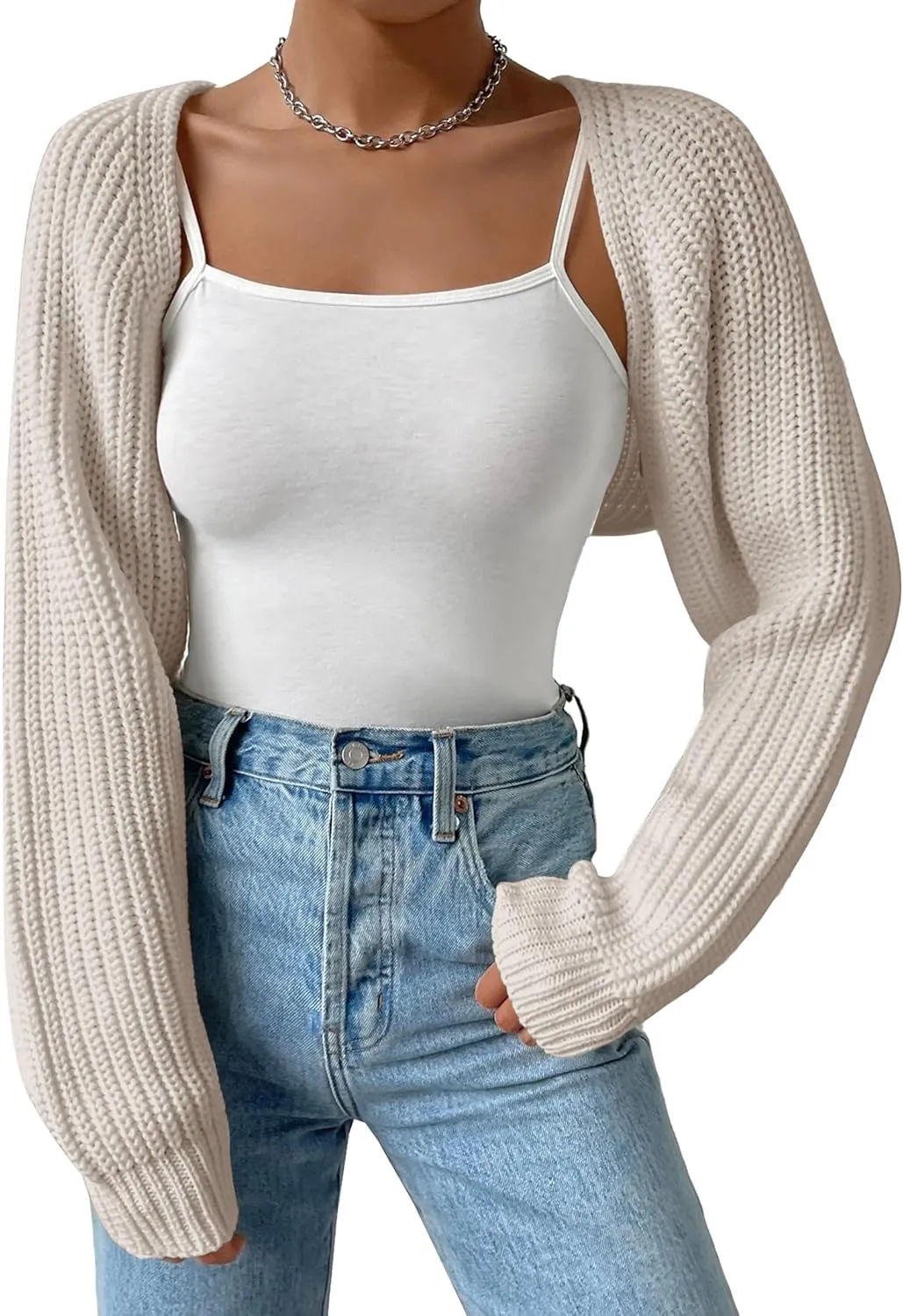 Women's Long Sleeve Open Front Knitted Crop Cardigan Drop Shoulder Knit Bolero Shrug Sweater