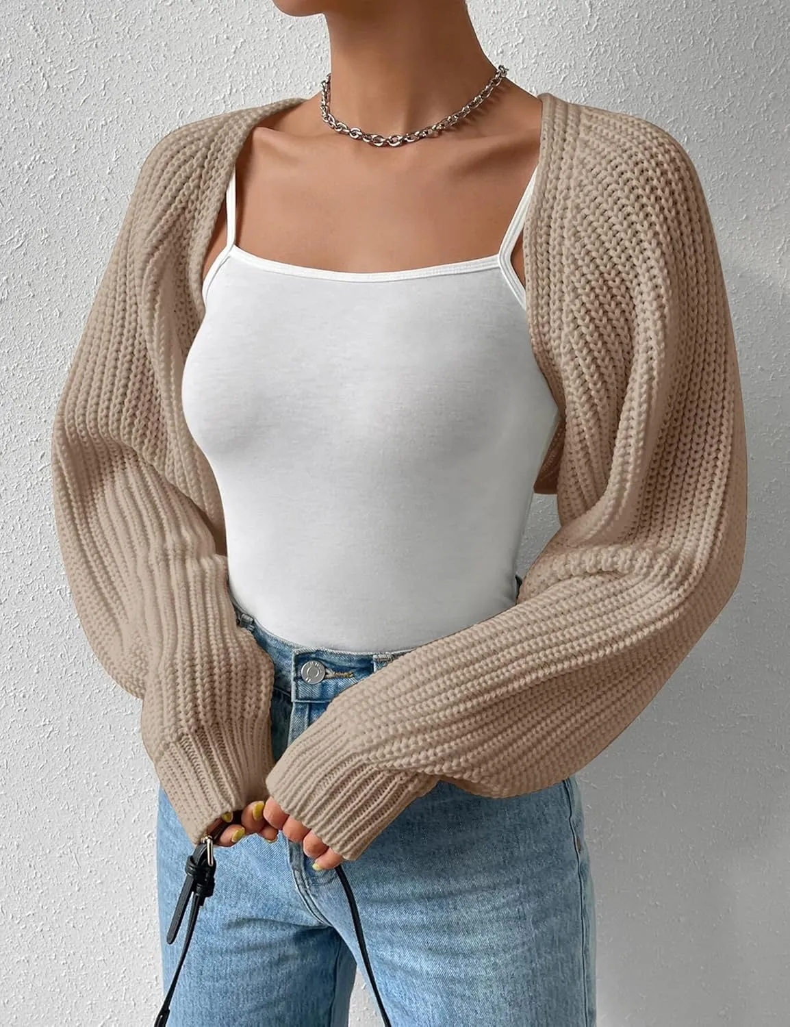 Women's Long Sleeve Open Front Knitted Crop Cardigan Drop Shoulder Knit Bolero Shrug Sweater