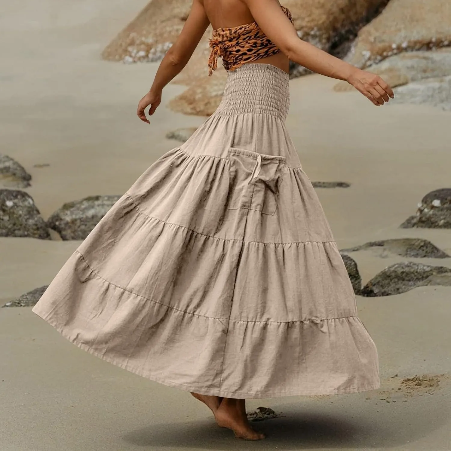 Women's Maxi Boho Skirt Long Pockets Hippie Bohemian Elastic Waist Gypsy Skirt Summer Flowy Pleated Tiered A Line Skirts