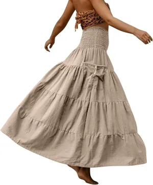 Women's Maxi Boho Skirt Long Pockets Hippie Bohemian Elastic Waist Gypsy Skirt Summer Flowy Pleated Tiered A Line Skirts