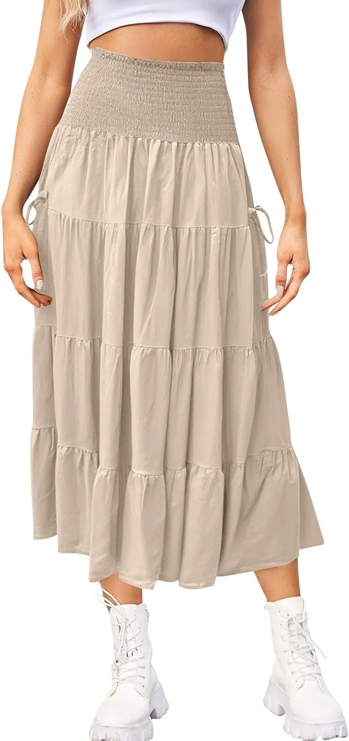 Women's Maxi Boho Skirt Long Pockets Hippie Bohemian Elastic Waist Gypsy Skirt Summer Flowy Pleated Tiered A Line Skirts