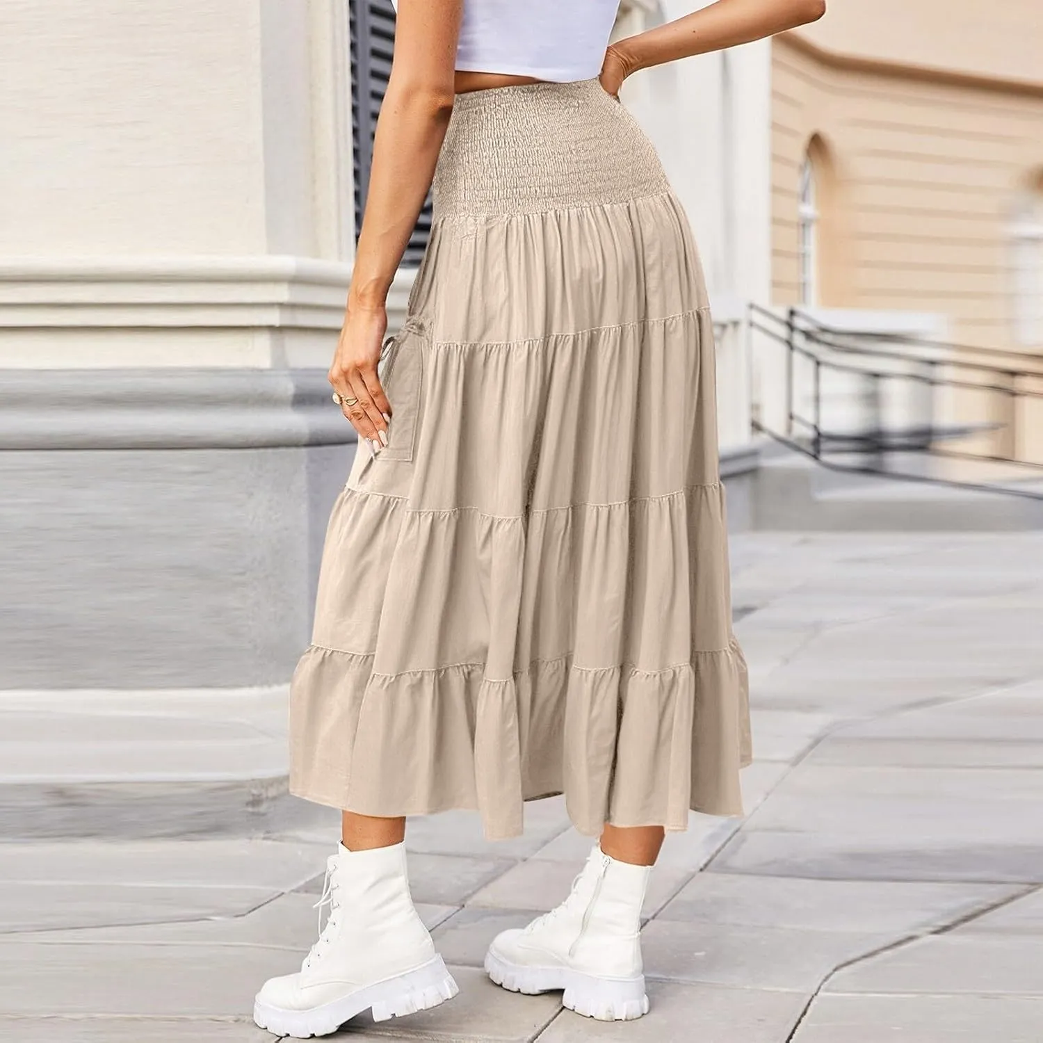 Women's Maxi Boho Skirt Long Pockets Hippie Bohemian Elastic Waist Gypsy Skirt Summer Flowy Pleated Tiered A Line Skirts