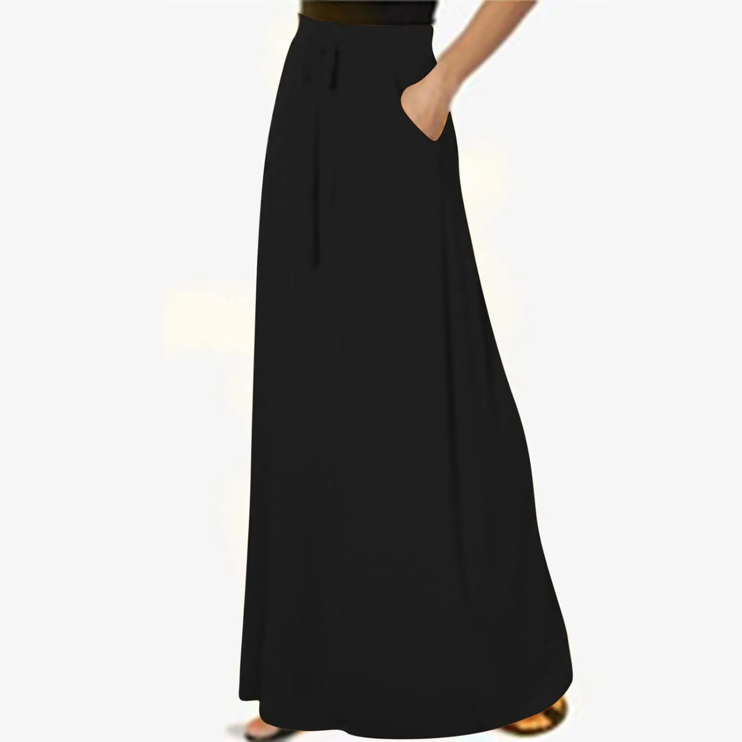 Womens Maxi Skirt High Haisted Jersey Skirts Lace Up Long Skirt Plus Size Summer Skirt Ankle Length Skirt with Pocket