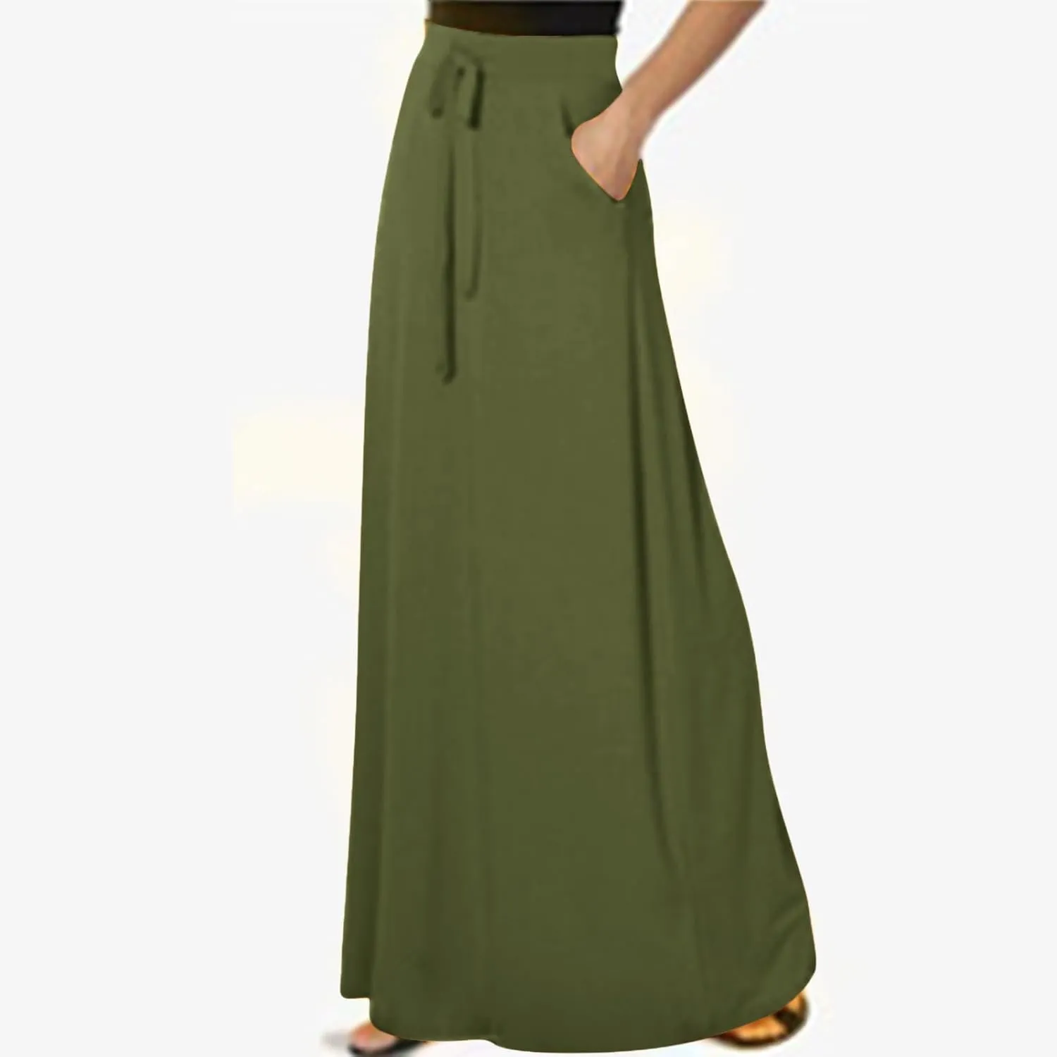 Womens Maxi Skirt High Haisted Jersey Skirts Lace Up Long Skirt Plus Size Summer Skirt Ankle Length Skirt with Pocket
