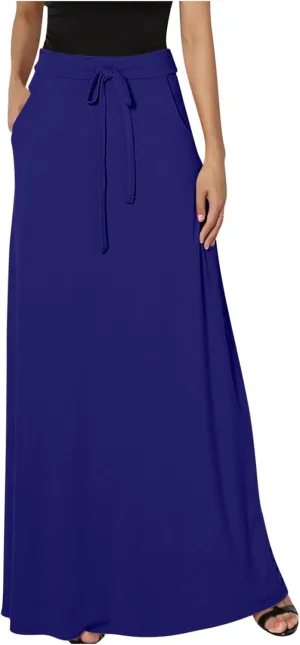 Womens Maxi Skirt High Haisted Jersey Skirts Lace Up Long Skirt Plus Size Summer Skirt Ankle Length Skirt with Pocket