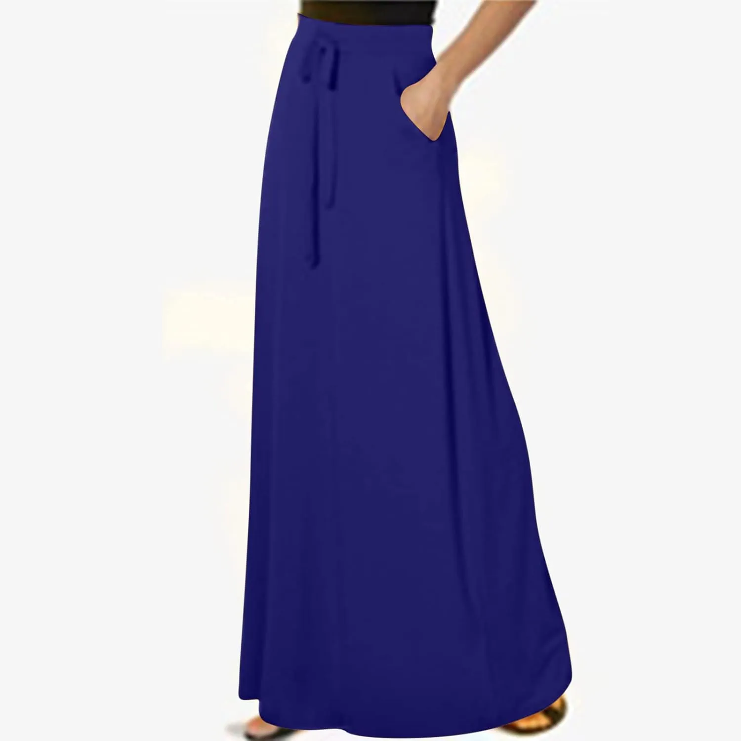 Womens Maxi Skirt High Haisted Jersey Skirts Lace Up Long Skirt Plus Size Summer Skirt Ankle Length Skirt with Pocket