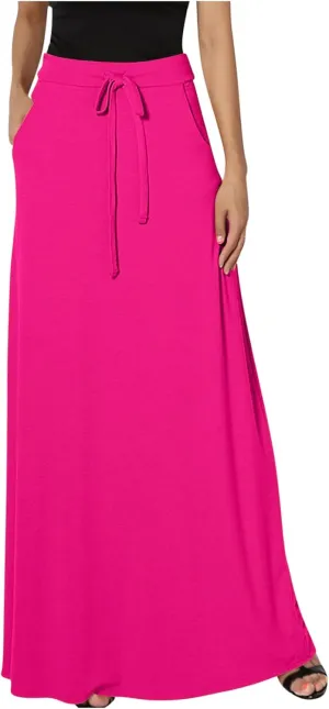 Womens Maxi Skirt High Haisted Jersey Skirts Lace Up Long Skirt Plus Size Summer Skirt Ankle Length Skirt with Pocket