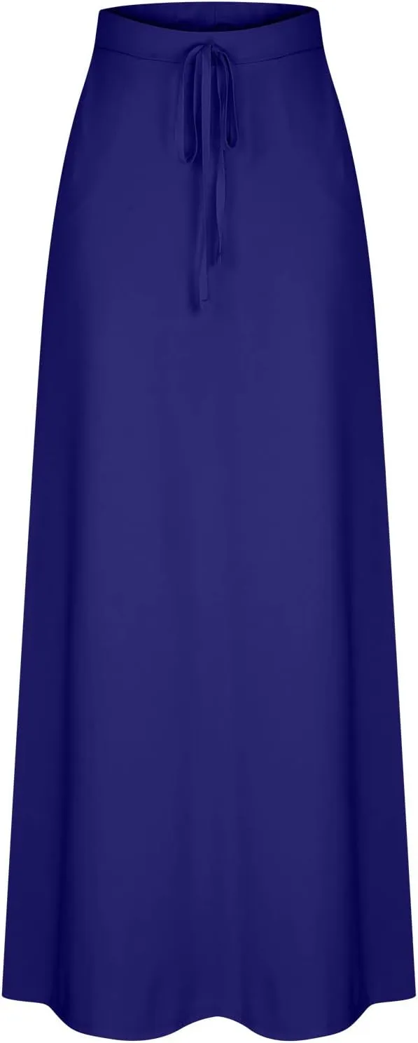 Womens Maxi Skirt High Haisted Jersey Skirts Lace Up Long Skirt Plus Size Summer Skirt Ankle Length Skirt with Pocket