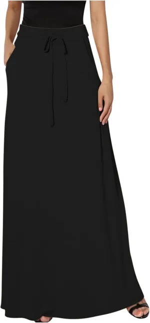 Womens Maxi Skirt High Haisted Jersey Skirts Lace Up Long Skirt Plus Size Summer Skirt Ankle Length Skirt with Pocket
