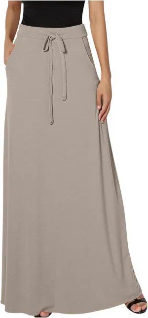 Womens Maxi Skirt High Haisted Jersey Skirts Lace Up Long Skirt Plus Size Summer Skirt Ankle Length Skirt with Pocket