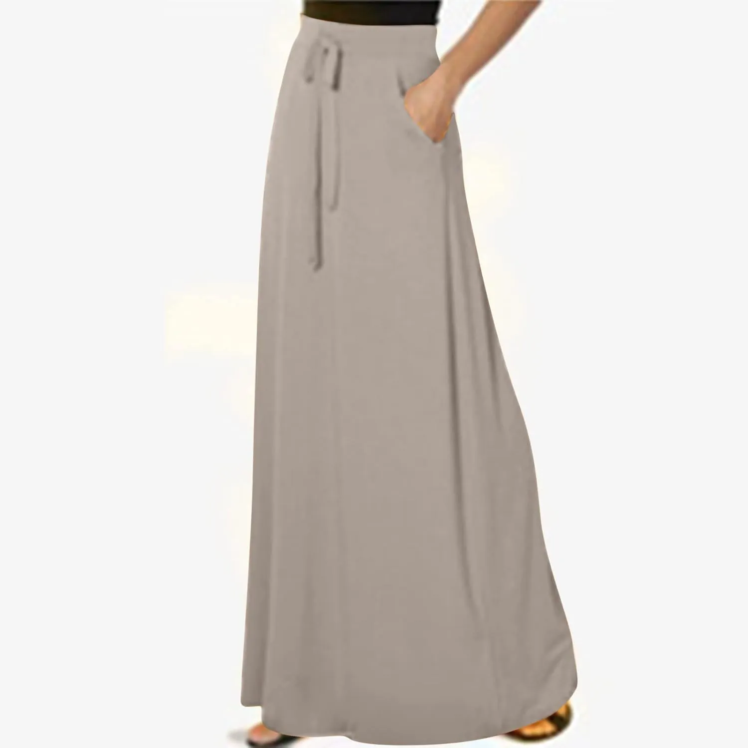 Womens Maxi Skirt High Haisted Jersey Skirts Lace Up Long Skirt Plus Size Summer Skirt Ankle Length Skirt with Pocket