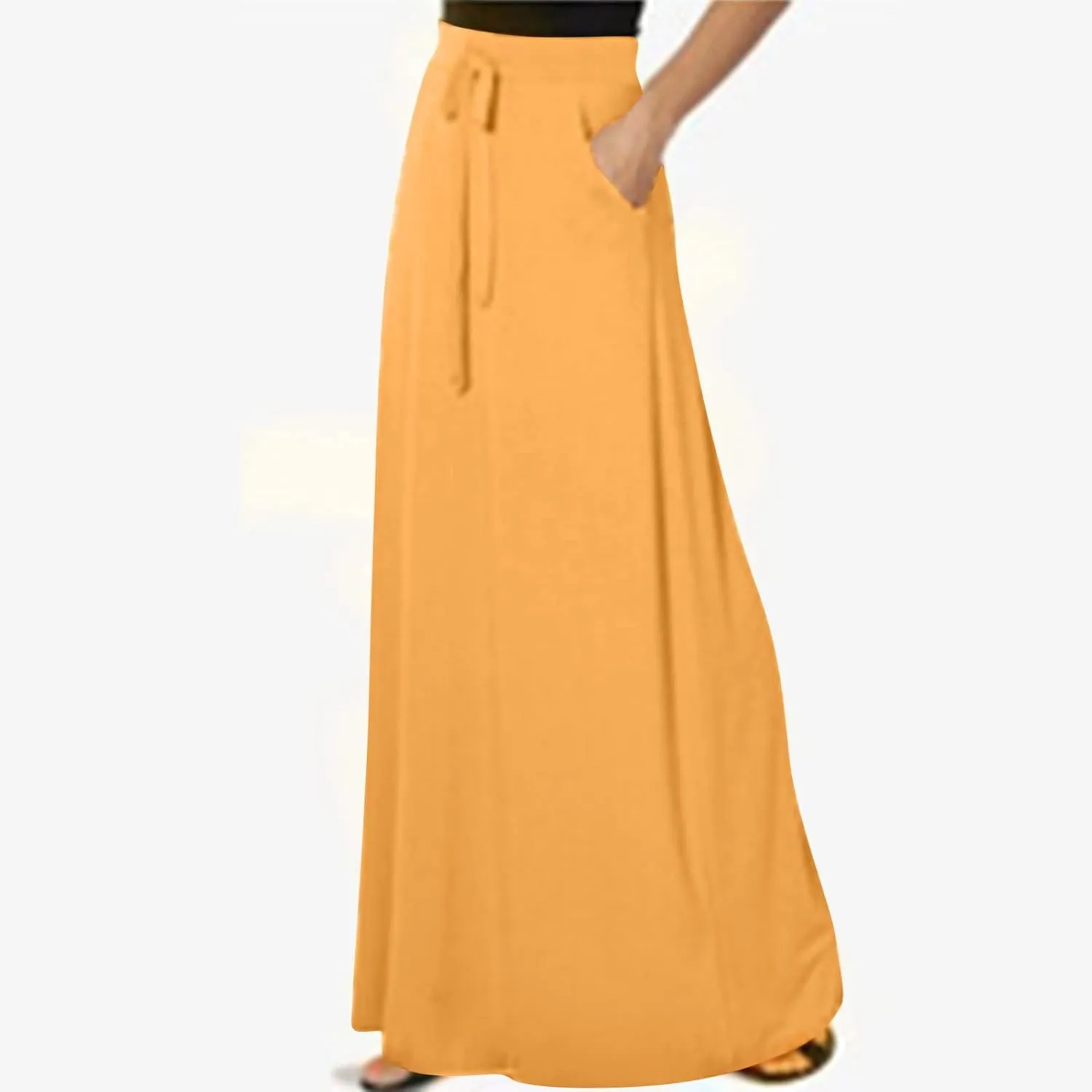 Womens Maxi Skirt High Haisted Jersey Skirts Lace Up Long Skirt Plus Size Summer Skirt Ankle Length Skirt with Pocket