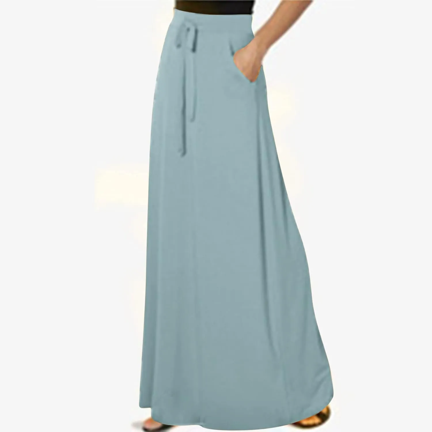 Womens Maxi Skirt High Haisted Jersey Skirts Lace Up Long Skirt Plus Size Summer Skirt Ankle Length Skirt with Pocket