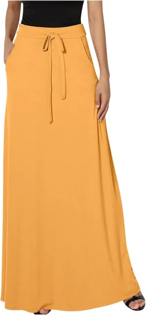 Womens Maxi Skirt High Haisted Jersey Skirts Lace Up Long Skirt Plus Size Summer Skirt Ankle Length Skirt with Pocket