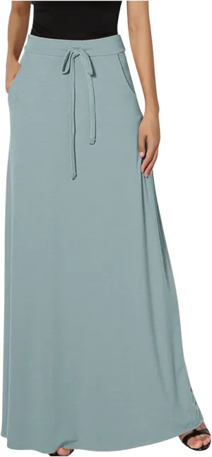 Womens Maxi Skirt High Haisted Jersey Skirts Lace Up Long Skirt Plus Size Summer Skirt Ankle Length Skirt with Pocket