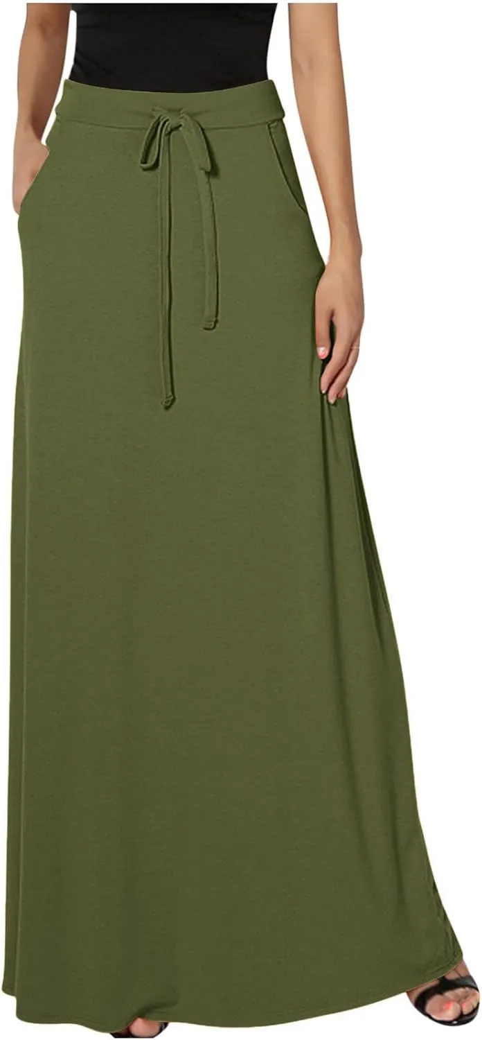 Womens Maxi Skirt High Haisted Jersey Skirts Lace Up Long Skirt Plus Size Summer Skirt Ankle Length Skirt with Pocket