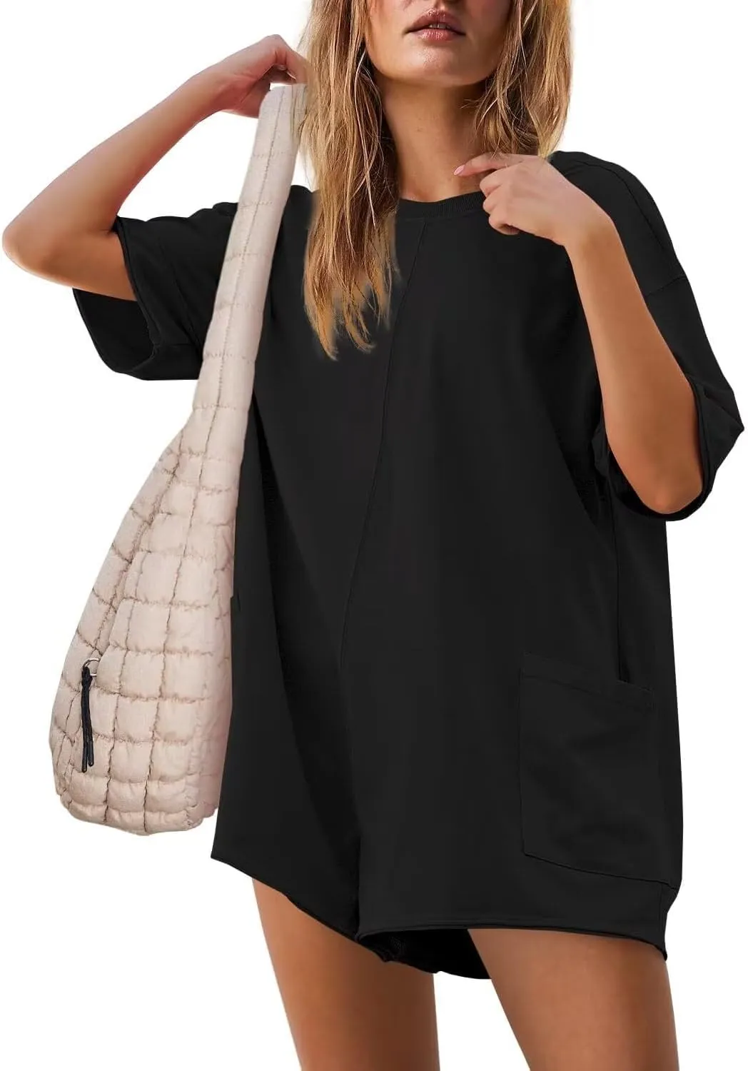 Womens Oversized Tee Shirt Romper Back V Neck Short Sleeve Loose Jumpsuit Shorts