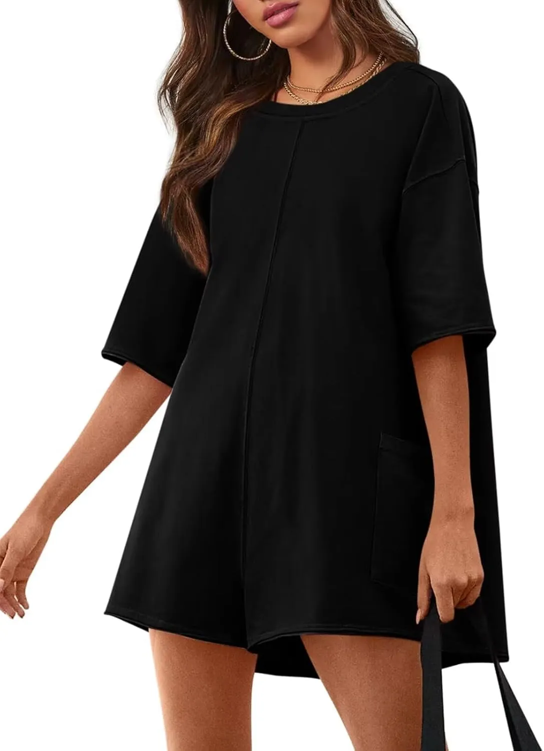 Womens Oversized Tee Shirt Romper Back V Neck Short Sleeve Loose Jumpsuit Shorts